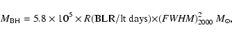 \begin{displaymath}M_{\rm BH}= 5.8\times 10^{5} \times R{\rm (BLR/lt\ days)}
{\rm\times ({\it FWHM})}_{2000}^{2}\ {\it M_{\odot}},
\end{displaymath}