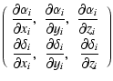$\displaystyle \left(
\begin{array}{ccc}
\displaystyle{\frac{\partial\alpha_i}{\...
... y_i},}&\displaystyle{\frac{\partial\delta_i}{\partial z_i}}
\end{array}\right)$