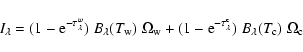 \begin{displaymath}%
I_\lambda=
(1-{\rm e}^{-\tau_\lambda^{w}})\;B_\lambda(T_{\r...
...{-\tau_\lambda^{\rm c}})\;B_\lambda(T_{\rm c})\;\Omega_{\rm c}
\end{displaymath}