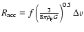 $R_{{\rm acc}}= f \left( \frac{3} {8\pi \rho_{\rm p} G} \right)^{0.5}\Delta v$