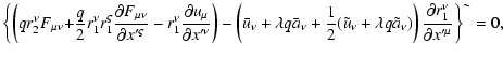 $\displaystyle \left\{ \left( qr_{2}^{\nu }F{_{\mu \nu }+}\frac{q}{2}r_{1}^{\nu
...
... \frac{\partial r_{1}^{\nu }}{
\partial x^{\prime {\mu }}}\right\} ^{\sim } =0,$