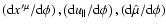 $\left( {\rm d}x^{\prime \mu
}/{\rm d}\phi \right) ,\left( {\rm d}u_{\parallel }/{\rm d}\phi \right) ,\left( {\rm d}\hat{\mu}
/{\rm d}\phi \right) $
