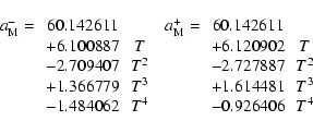 \begin{displaymath}\matrix{
a_{\rm M}^- =\!\! &60.142611& & a_{\rm M}^+ = \!\! &...
....614481&\!\!T^3 \cr
&-1.484062&\!\!T^4 & &-0.926406&\!\!T^4 }
\end{displaymath}