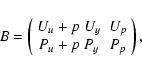 \begin{displaymath}B=\left(
\begin{array}[c]{cc}
U_{u}+p~U_{y} & U_{p}\\
P_{u}+p~P_{y} & P_{p}%
\end{array}\right) ,
\end{displaymath}