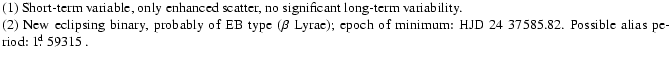 $\textstyle \parbox{16.8cm}{
$(1)$\space Short-term variable, only enhanced scat...
...m: HJD 24 37585.82. Possible alias
period:~$1\hbox{$.\!\!^{\rm d}$ }59315$ .}$