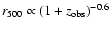 $r_{500} \propto (1+z_{\rm obs})^{-0.6}$