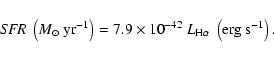 \begin{displaymath}{\it SFR}~ \left(M_\odot~ {\rm yr}^{-1}\right)= 7.9
\times 10^{-42} ~L_{\rm H\alpha}~ \left(\rm erg ~s^{-1}\right).
\end{displaymath}