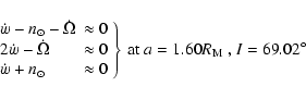\begin{displaymath}\left. \begin{array}{ll}
\dot{w}-n_\odot-\dot{\Omega} &\appr...
...\right \} \mbox{ at $ a=1.60 R_{\rm M}$ , $I=69.02^{\circ}$ }
\end{displaymath}