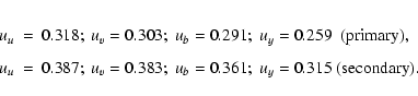 \begin{eqnarray*}u_u&=&0.318;~ u_v=0.303; ~ u_b=0.291;~ u_y=0.259~~({\rm primary...
...u&=&0.387;~ u_v=0.383;~ u_b=0.361; ~u_y=0.315~({\rm secondary}).
\end{eqnarray*}