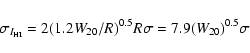 \begin{displaymath}\sigma_{I_{\rm HI}} = 2(1.2W_{20}/R)^{0.5}R\sigma = 7.9(W_{20})^{0.5}\sigma
\end{displaymath}