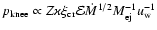 $p_{{\rm knee}}\propto Z\varkappa
\xi _{{\rm cr}}
\mathcal{E}\dot{M}^{1/2}M_{{\rm ej}}^{-1}u_{{\rm w}}^{-1}$
