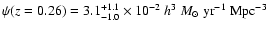 $\psi(z=0.26) = 3.1^{+1.1}_{-1.0} \times 10^{-2}~h^3~{M}_\odot~\mbox{yr}^{-1}~\mbox{Mpc}^{-3}$