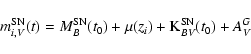 \begin{displaymath}
m^{\rm SN}_{i,V}(t) = M^{\rm SN}_B(t_0) +
\mu(z_i) + {\rm K}^{\rm SN}_{BV}(t_0) + A_V^G
\end{displaymath}