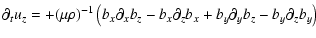 $\displaystyle \partial_t u_z = + (\mu \rho)^{-1}
\left( b_x \partial_x b_z
- b_x \partial_z b_x
+ b_y \partial_y b_z
- b_y \partial_z b_y \right)$