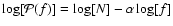 $\log [ \mathcal{P}(f) ] = \log [ N ] - \alpha \log [ f ] $