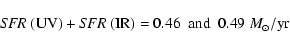 \begin{displaymath}{\it SFR}~({\rm UV})+{\it SFR}~({\rm IR})=0.46 ~~\textrm{and}~~ 0.49~M_\odot/{\rm yr}
\end{displaymath}