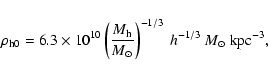 \begin{displaymath}\rho_{\rm h0}=6.3 \times 10^{10} \left( {M_{\rm h} \over M_{\odot}}
\right)^{-1/3}~h^{-1/3}~M_{\odot}~{\rm kpc}^{-3},
\end{displaymath}