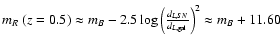 $m_R\
(z=0.5)\approx m_B - 2.5\log{\left( \frac{d_{L,SN}}{d_{L,{\rm gal}}} \right)
^2} \approx m_B + 11.60$