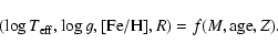 \begin{displaymath}(\log T_{\rm eff}, \log g, {\rm [Fe/H]}, R)= f(M, {\rm age}, Z).
\end{displaymath}