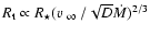 $R_{\rm t} \propto R_\star ( \mbox{$\mbox{$\varv$ }_\infty$ }/ \sqrt{D}\dot{M}
)^{2/3}$