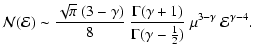 $\displaystyle {\mathcal{N}}({\mathcal{E}})
\sim
\frac{\sqrt{\pi}~(3-\gamma)}{8}...
...gamma+1)}{\Gamma(\gamma-\frac{1}{2})}~
\mu^{3-\gamma}~{\mathcal{E}}^{\gamma-4}.$