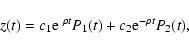 \begin{displaymath}z(t)=c_1{\rm e}^{~\rho t}P_1(t)+c_2{\rm e}^{-\rho t}P_2(t),
\end{displaymath}