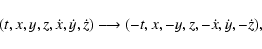 \begin{displaymath}(t,x,y,z,\dot{x},\dot{y},\dot{z})\longrightarrow (-t,x,-y,z,-\dot{x},\dot{y},-\dot{z}),
\end{displaymath}