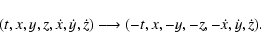 \begin{displaymath}(t,x,y,z,\dot{x},\dot{y},\dot{z})\longrightarrow (-t,x,-y,-z,-\dot{x},\dot{y},\dot{z}).
\end{displaymath}