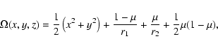 \begin{displaymath}\Omega(x,y,z)=\frac{1}{2}\left(x^2+y^2\right)+\frac{1-\mu}{r_1}+\frac{\mu}{r_2}+\frac{1}{2}\mu(1-\mu),
\end{displaymath}