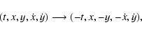 \begin{displaymath}(t,x,y,\dot{x},\dot{y})\longrightarrow(-t,x,-y,-\dot{x},\dot{y}),
\end{displaymath}