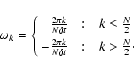 \begin{displaymath}%
\omega_{k}= \left\{ \begin{array}{r@{\quad:\quad}l} \frac{2...
...ac{2\pi k}{N\delta
t} & k>\frac{N}{2}\cdot \end{array} \right.
\end{displaymath}