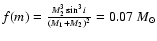 $f(m)={{M_2^3\sin^3{i}}\over{(M_1+M_2)^2}}=0.07~M_\odot$