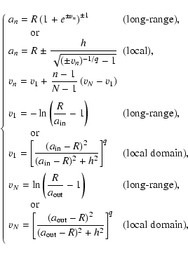 \begin{displaymath}\left\{\begin{array}{ll}
a_n = R \left(1+e^{\pm v_n}\right)^{...
... \right]^q&\mbox{(local domain)},
\\ [4mm]
\end{array}\right.
\end{displaymath}