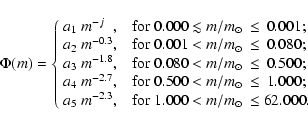 \begin{displaymath}
\Phi(m) =
\left\{ \begin{array}{l @{, \quad} l l}
a_1~m^{-...
...\rm\scriptsize\hbox{$\odot$ }}}\le 62.000.
\end{array} \right.
\end{displaymath}