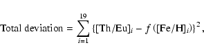 \begin{displaymath}
{\rm Total ~deviation} =
\sum_{i=1}^{19}\left\{[{\rm Th/Eu}]_i-f\left([{\rm Fe/H}]_i\right)\right\}^2,
\end{displaymath}
