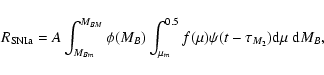 \begin{displaymath}R_{\rm SNIa}=A\int^{M_{BM}}_{M_{Bm}}{\phi(M_B) \int^{0.5}_{\mu_m}{f(\mu)
\psi(t- \tau_{M_{2}}){\rm d} \mu ~ {\rm d}M_{B}}} ,
\end{displaymath}