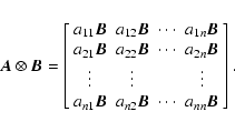 \begin{displaymath}\vec{A}\otimes \vec{B}
= \left[ \begin{array}{cccc}
a_{11} ...
...& a_{n2}\vec{B}& \cdots & a_{nn}\vec{B}
\end{array} \right] .
\end{displaymath}