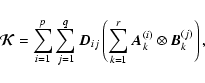 \begin{displaymath}\vec{\cal K}= \sum_{i=1}^p\sum_{j=1}^q \vec{D}_{ij} \left( \sum_{k=1}^r \vec{A}_k^{(i)} \otimes \vec{B}_k^{(j)} \right),
\end{displaymath}
