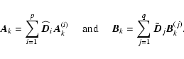 \begin{displaymath}\vec{A}_k = \sum_{i=1}^p \widehat{\vec{D}}_i \vec{A}_k^{(i)} ...
...d
\vec{B}_k = \sum_{j=1}^q \tilde{\vec{D}}_j \vec{B}_k^{(j)}.
\end{displaymath}