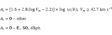 \begin{eqnarray*}&& A_{i}=[1.6+2.8(\log V_{m}-2.2)] \times \log~ (a/b);\; V_{m} ...
...er} \\ [2mm]
&& A_{i}= 0 - {\rm E}, \; {\rm S0}, \; {\rm dSph}.
\end{eqnarray*}