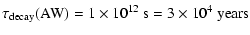 $\displaystyle \tau_{{\rm decay}}({\rm AW}) = 1\times 10^{12}~{\rm s}=3\times 10^4~{\rm years}$