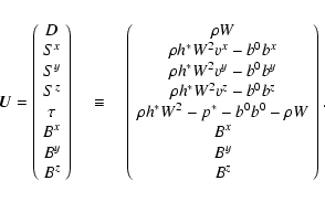 \begin{displaymath}
\V{U} = \left(
\begin{array}{c}
D \\
S^x \\
S^y \\
S...
...^0 - \rho W \\
B^x \\
B^y \\
B^z
\end{array}\right) .
\end{displaymath}