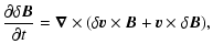 $\displaystyle {\partial \delta {\vec B}\over\partial t} = \vec{\nabla}\times (\delta {\vec v}\times {\vec B}+ {\vec v}
\times \delta {\vec B}),$