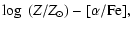 $\displaystyle \log~(Z/Z_\odot)-[\alpha/{\rm Fe}] ,$
