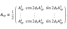 \begin{displaymath}\vec{A}_{tp} \equiv
\frac{1}{2} \left(
\begin{array}{ccc}
...
..._t A_{tp}^k & \sin 2 \phi_t A_{tp}^k \\
\end{array} \right).
\end{displaymath}