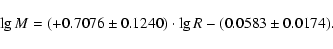\begin{displaymath}
\lg{M}=(+0.7076\pm0.1240) \cdot \lg {R}-(0.0583\pm0.0174).
\end{displaymath}