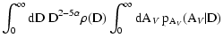 $\displaystyle \int_0^\infty \rm dD ~ D^{2 - 5 \alpha} \rho(D)
\int_0^\infty \rm dA_{\it V} ~ p_{A_{\it V}}(A_{\it V} \vert D)$