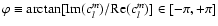 $\varphi\equiv\arctan[{\rm Im}(c_l^m)/{\rm Re}(c_l^m)]\in[-\pi,+\pi]$