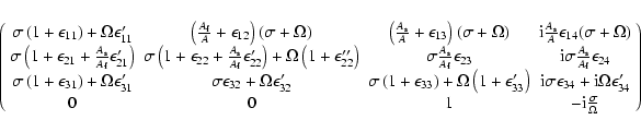 \begin{displaymath}\left(\begin{array}{cccc}
\sigma\left(1+\epsilon_{11}\right)+...
...
0 & 0 & 1 & -{\rm i}\frac{\sigma }{\Omega}\end{array}\right)
\end{displaymath}