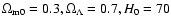 $\Omega_{{\rm m}0}=0.3, \Omega_\Lambda=0.7, H_0=70$